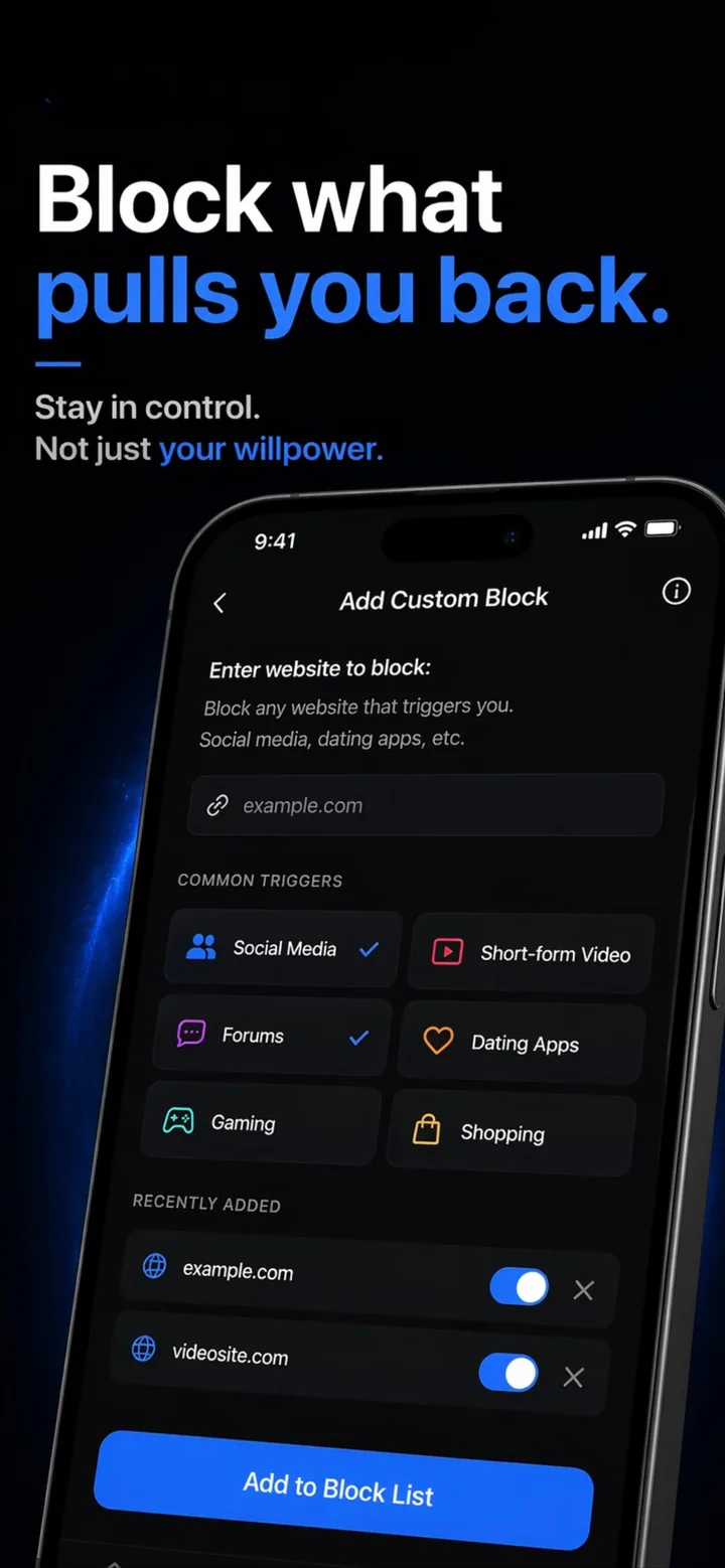 Add Custom Block screen with quick-trigger categories and recently added sites