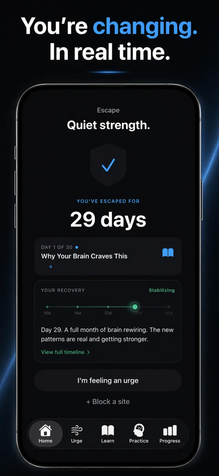 Escape home screen showing a 29-day streak with the recovery timeline card