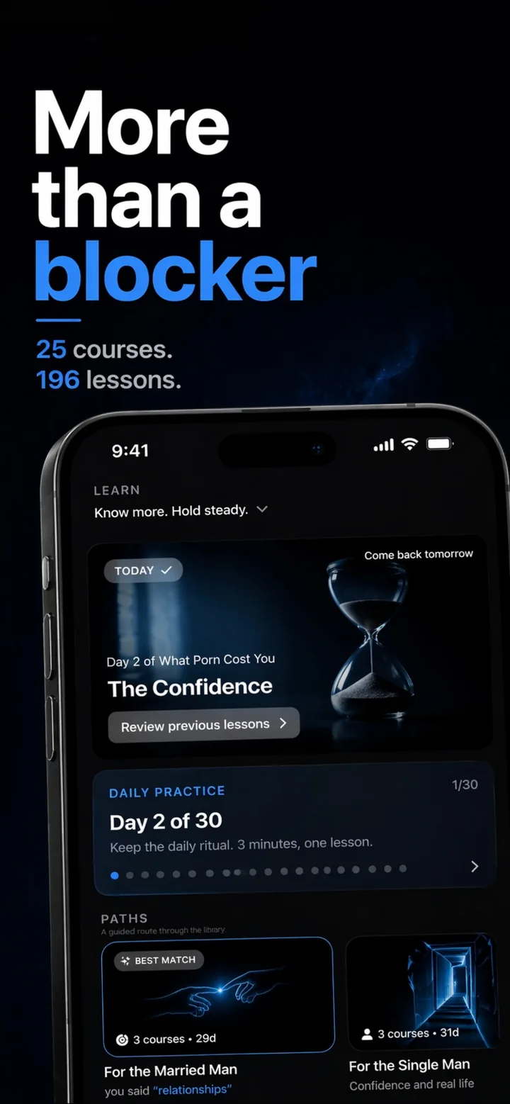 Escape learn tab showing 25 courses, 196 lessons, the For Married Man path