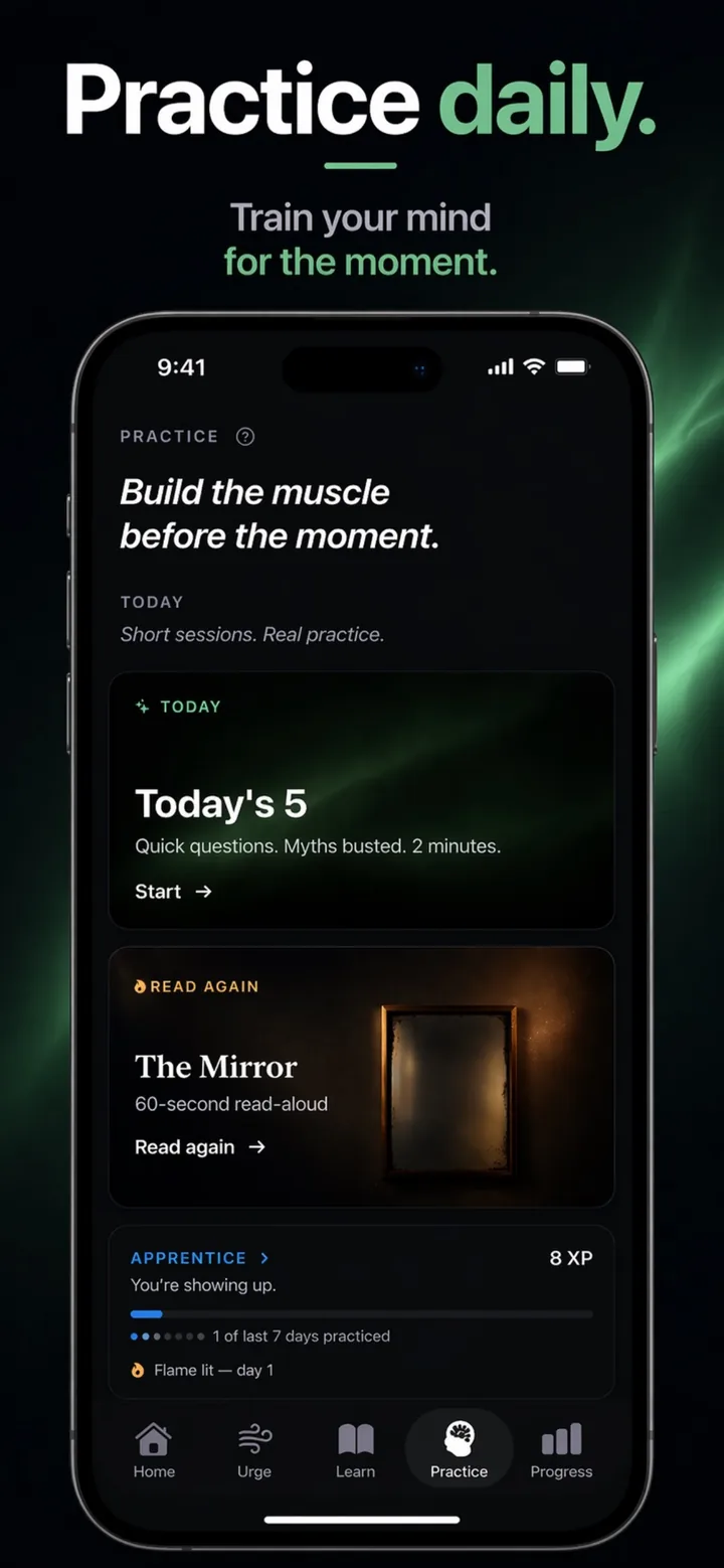 Escape practice tab with Today's 5 quiz, the Mirror ritual, and apprentice tier XP