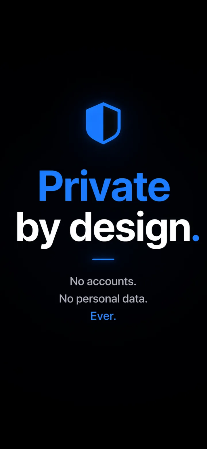 Private by design — no accounts, no personal data, ever