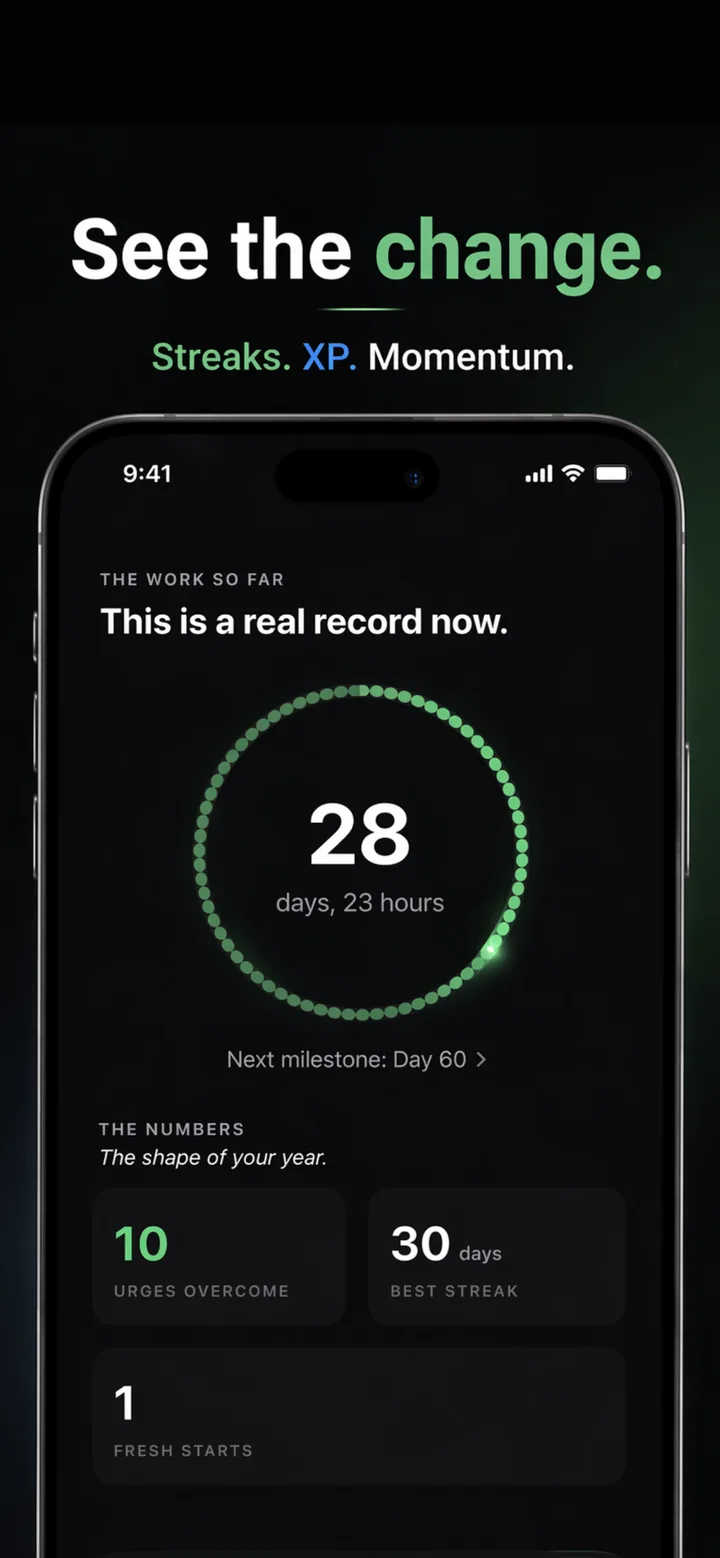 Escape progress tab showing a 28-day streak ring, urges overcome, fresh starts