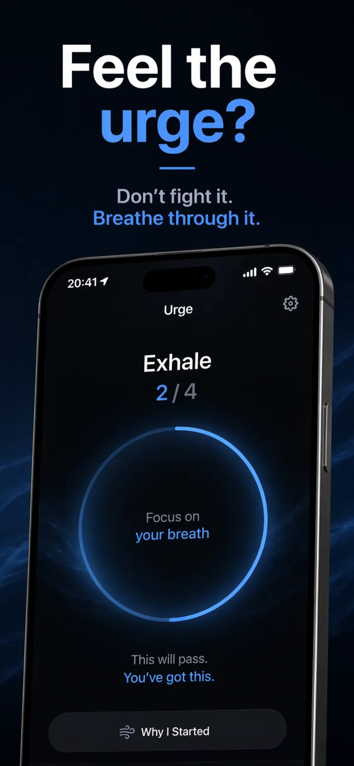 Escape urge tab showing a breathing circle mid-cycle, exhale step 2 of 4